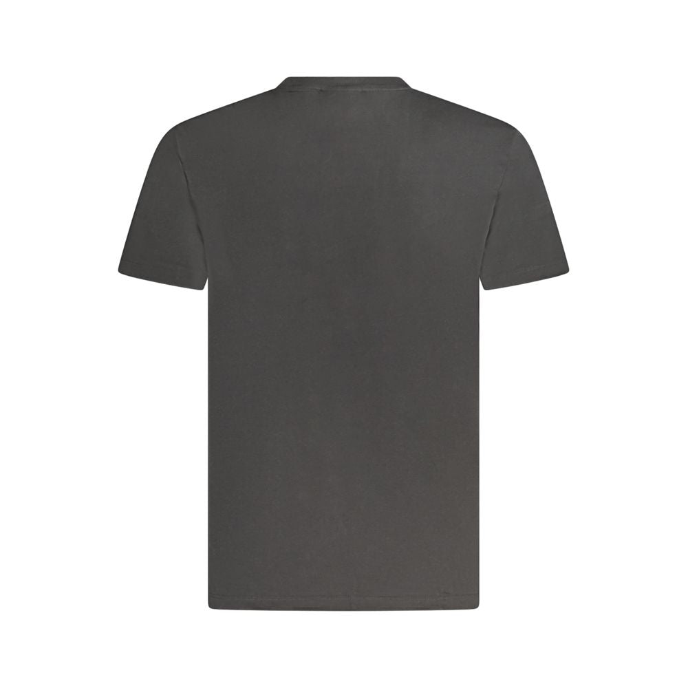 Back view of Calvin Klein black cotton T-shirt, short sleeves, crew neck, with embroidered logo.