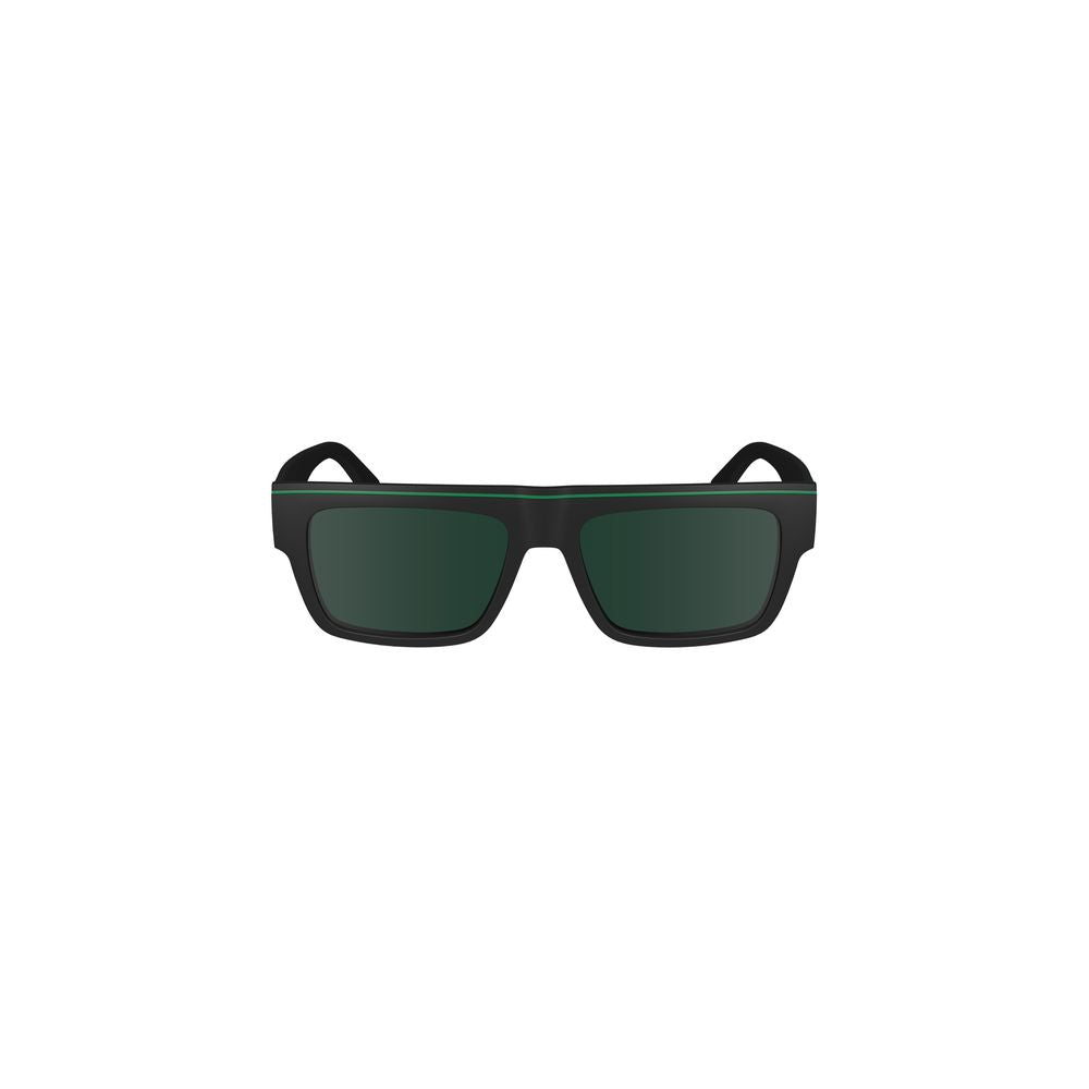 Calvin Klein black plastic sunglasses with rectangular lenses, contrast details, logo on temple, lens width 55mm, bridge 17mm, temple 145mm.