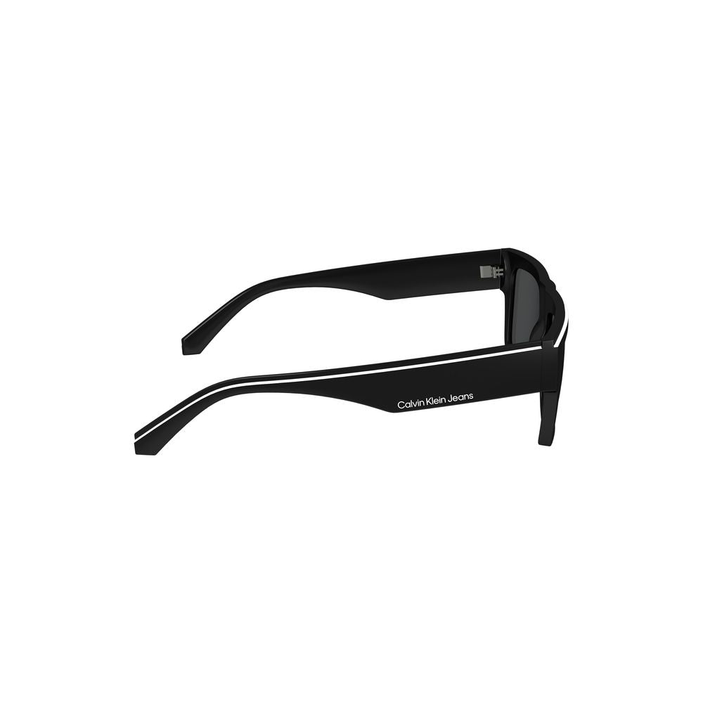 Side view of Calvin Klein black plastic sunglasses with rectangular lens and contrast details, showing logo on temple.