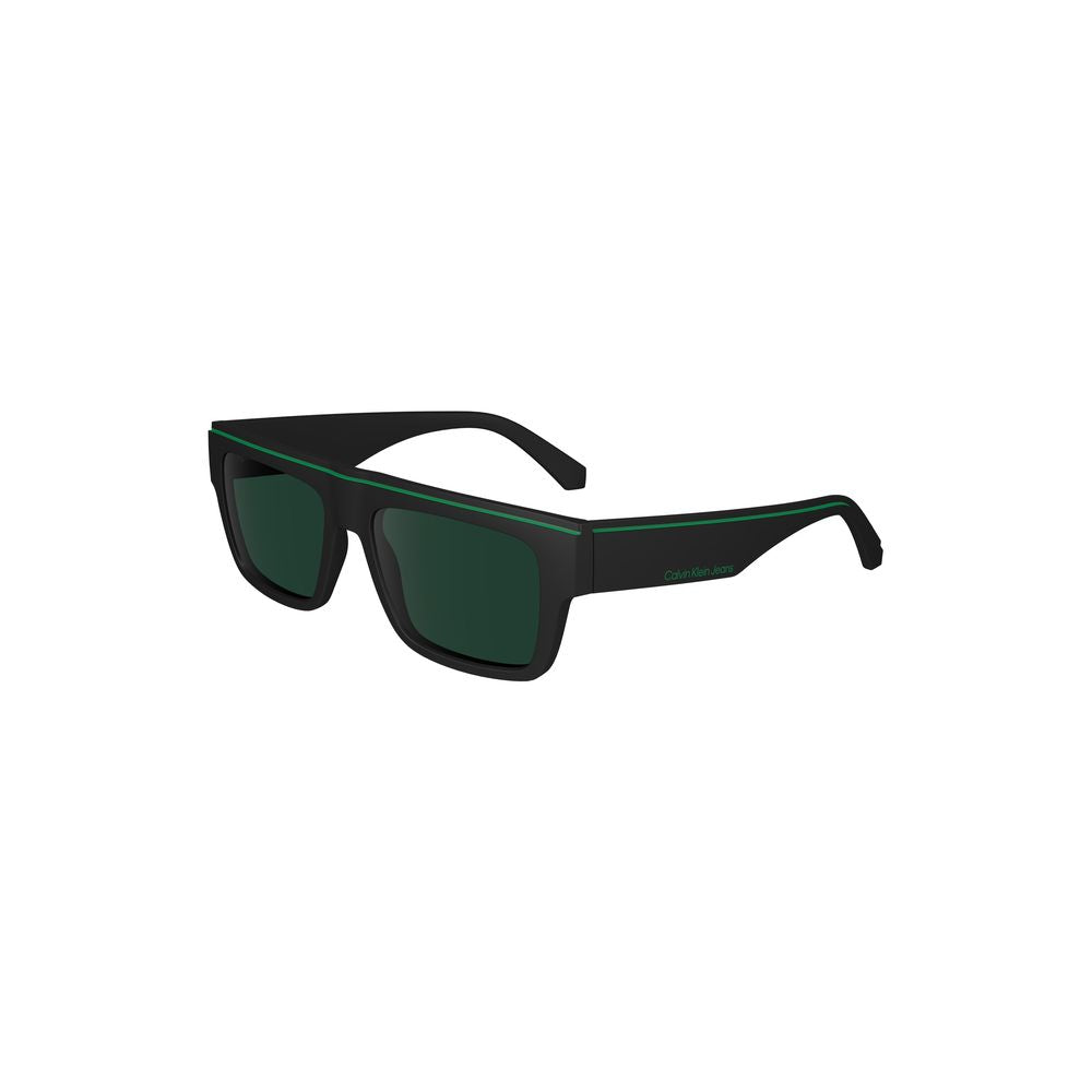 Calvin Klein black sunglasses with rectangular black lenses, injected plastic frame, contrast details, and logo.