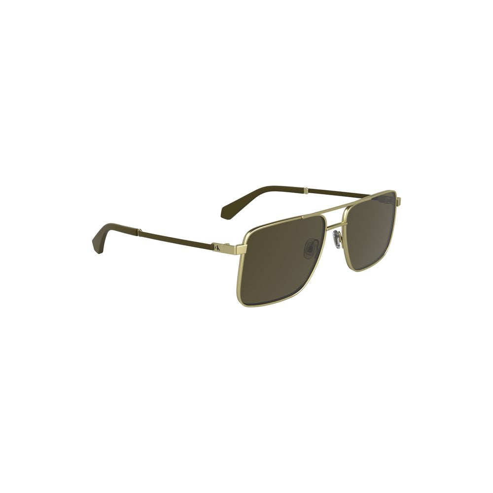 Calvin Klein gold metal men's sunglasses with square brown lenses and sleek frame, featuring iconic logo for chic sophistication.