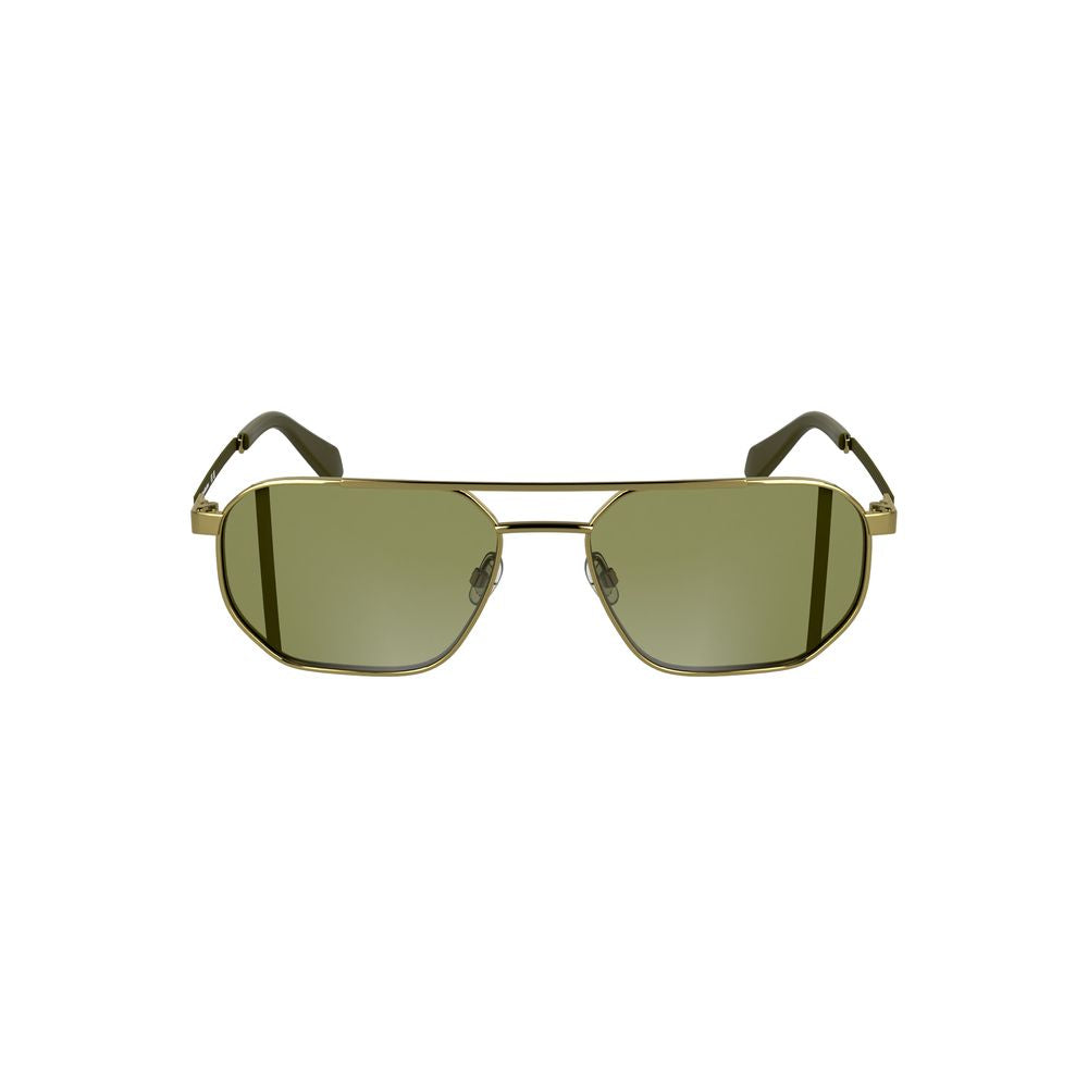 Calvin Klein gold metal men's sunglasses with green lenses, featuring a stylish square design and contemporary flair. Classic sophistication.