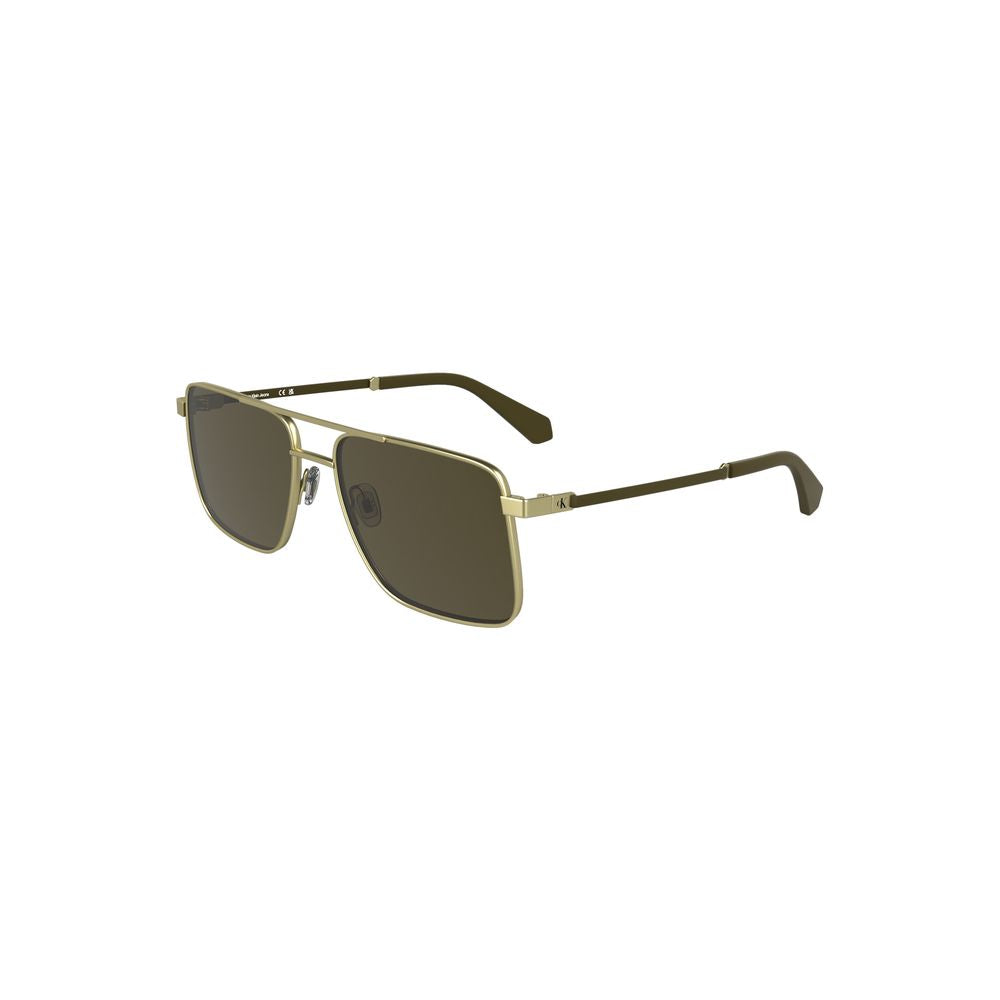 Calvin Klein gold metal men's sunglasses with square brown lenses and sleek frame, featuring iconic logo. Chic luxury eyewear.