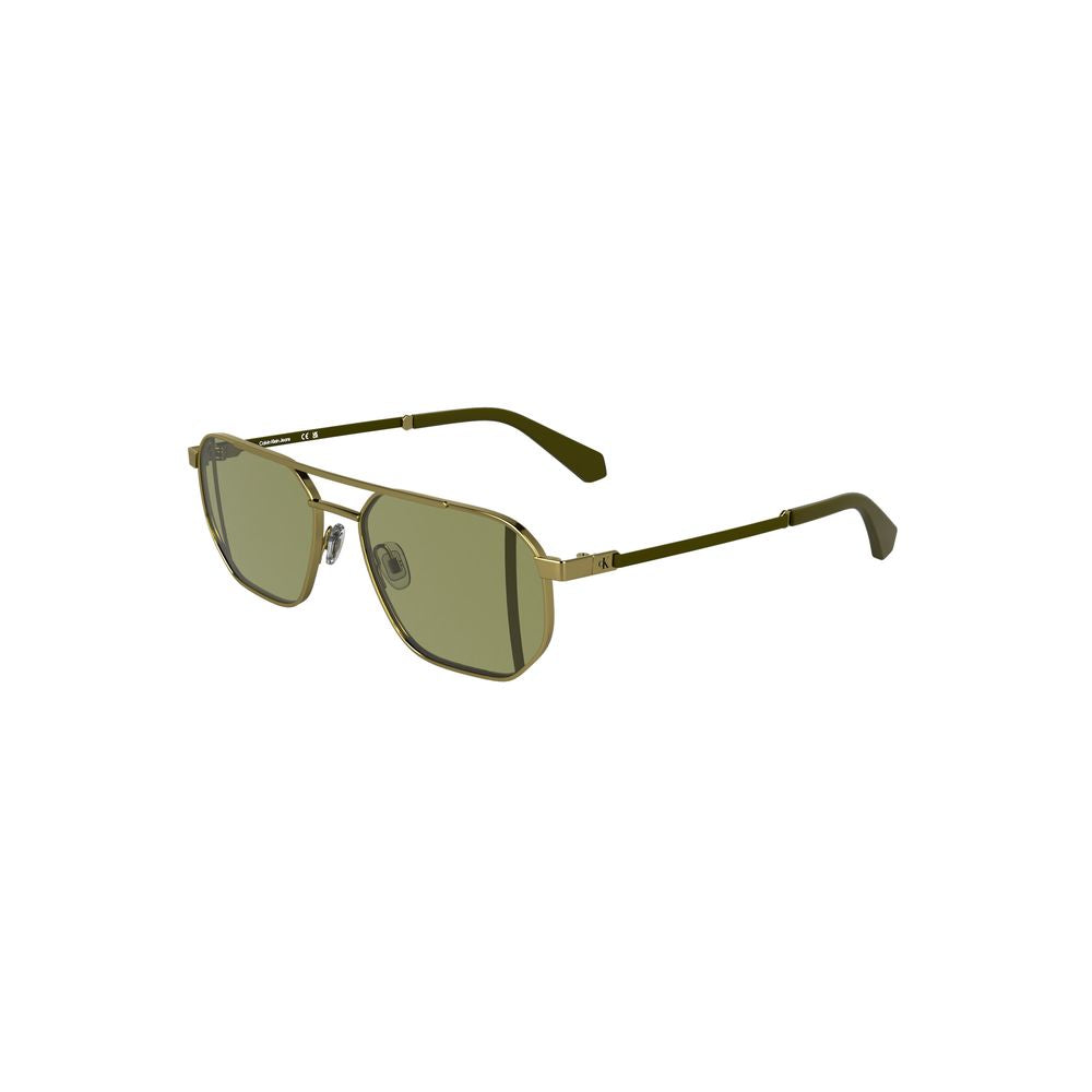 Calvin Klein gold metal men’s sunglasses with green lenses and square design, combining classic sophistication and modern style.