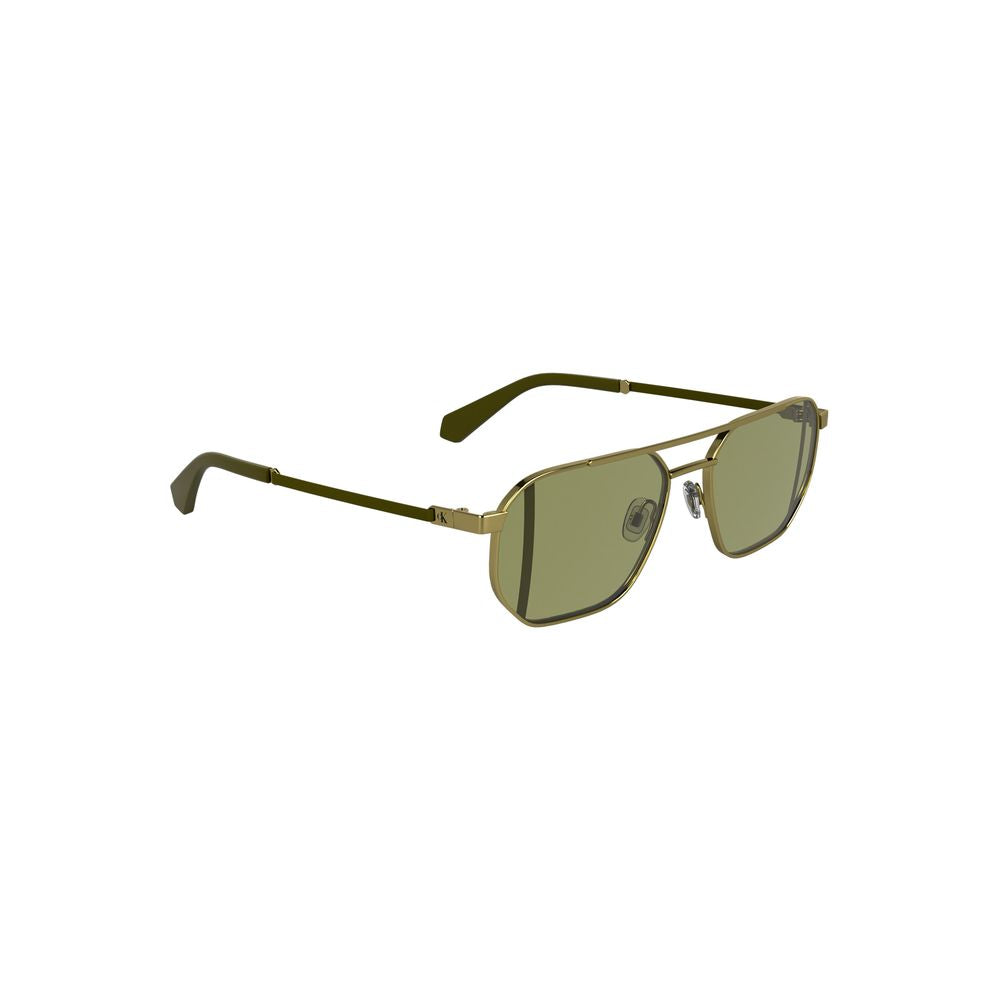 Calvin Klein gold metal men's sunglasses with green lenses, featuring a square design and modern luxury style.