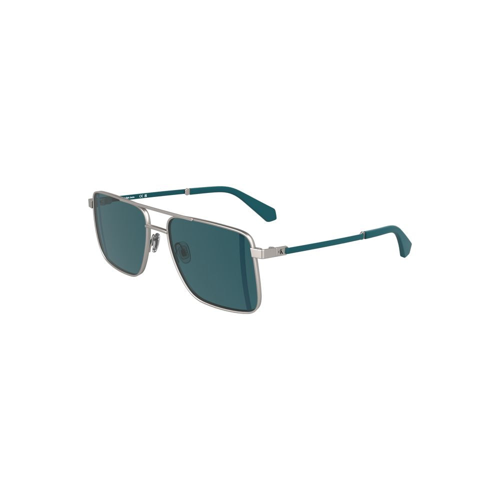 Calvin Klein gray metal men's sunglasses with square blue lenses, sleek and modern design for a stylish look.