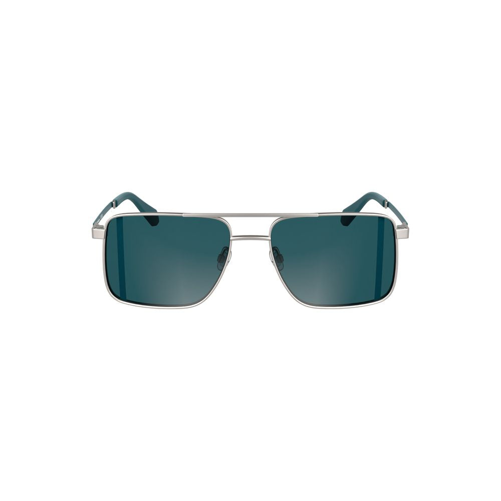 Calvin Klein gray metal men's sunglasses with square blue lenses, embodying modern sophistication and style.