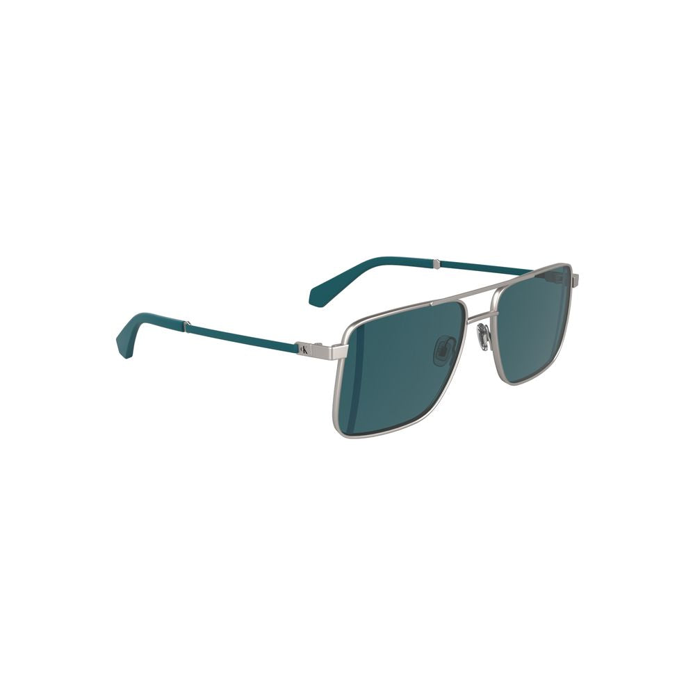 Calvin Klein gray metal sunglasses with blue lenses, square shape, sleek design for modern men.