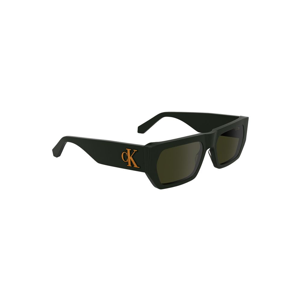 Calvin Klein green acetate men's sunglasses with rectangular lenses, eco-friendly design, and stylish bold frames.