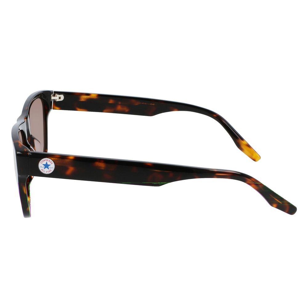 Side view of Converse brown acetate sunglasses with tortoiseshell frame, featuring UV filter and dimensions 57/18/145 mm.