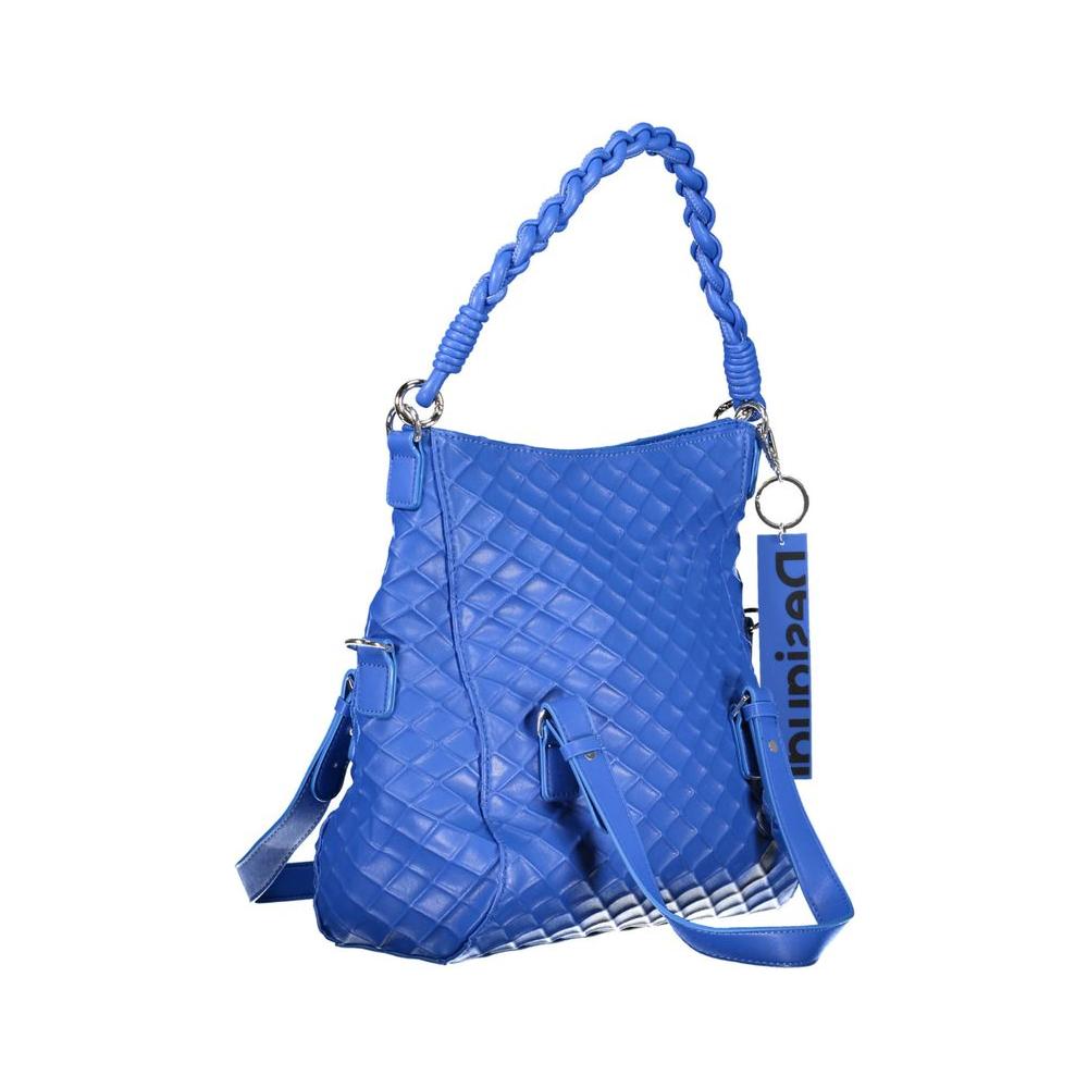 Blue Desigual polyethylene handbag with woven texture and adjustable straps, featuring a removable handle and distinctive design brand tag.