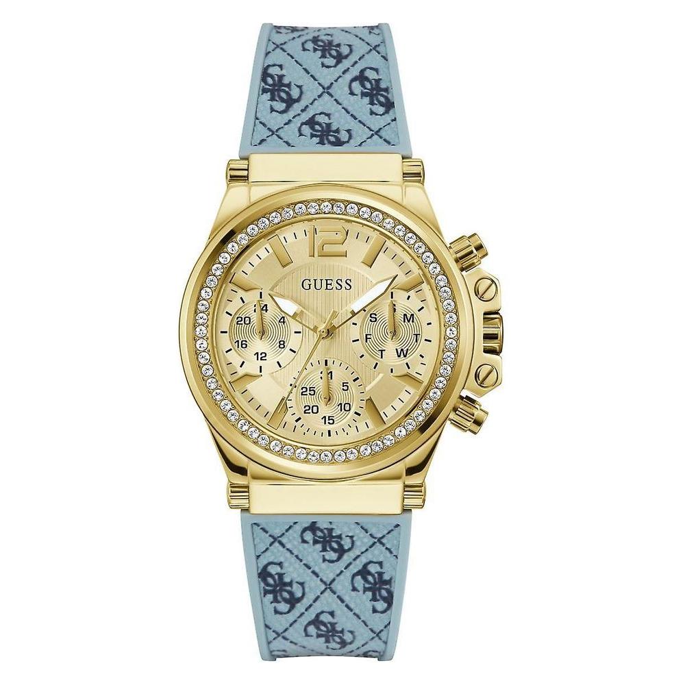 Guess blue synthetic watch with golden stainless steel case, analog quartz movement, blue silicone strap, golden dial, 5ATM water resistance.