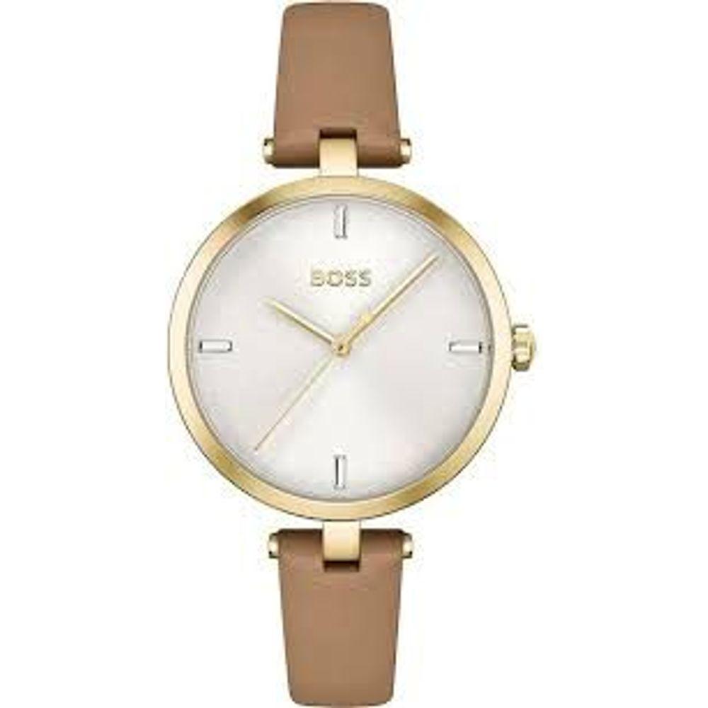 Alt Tag: Hugo Boss beige leather watch with golden stainless steel case, silver dial, and quartz analog display.