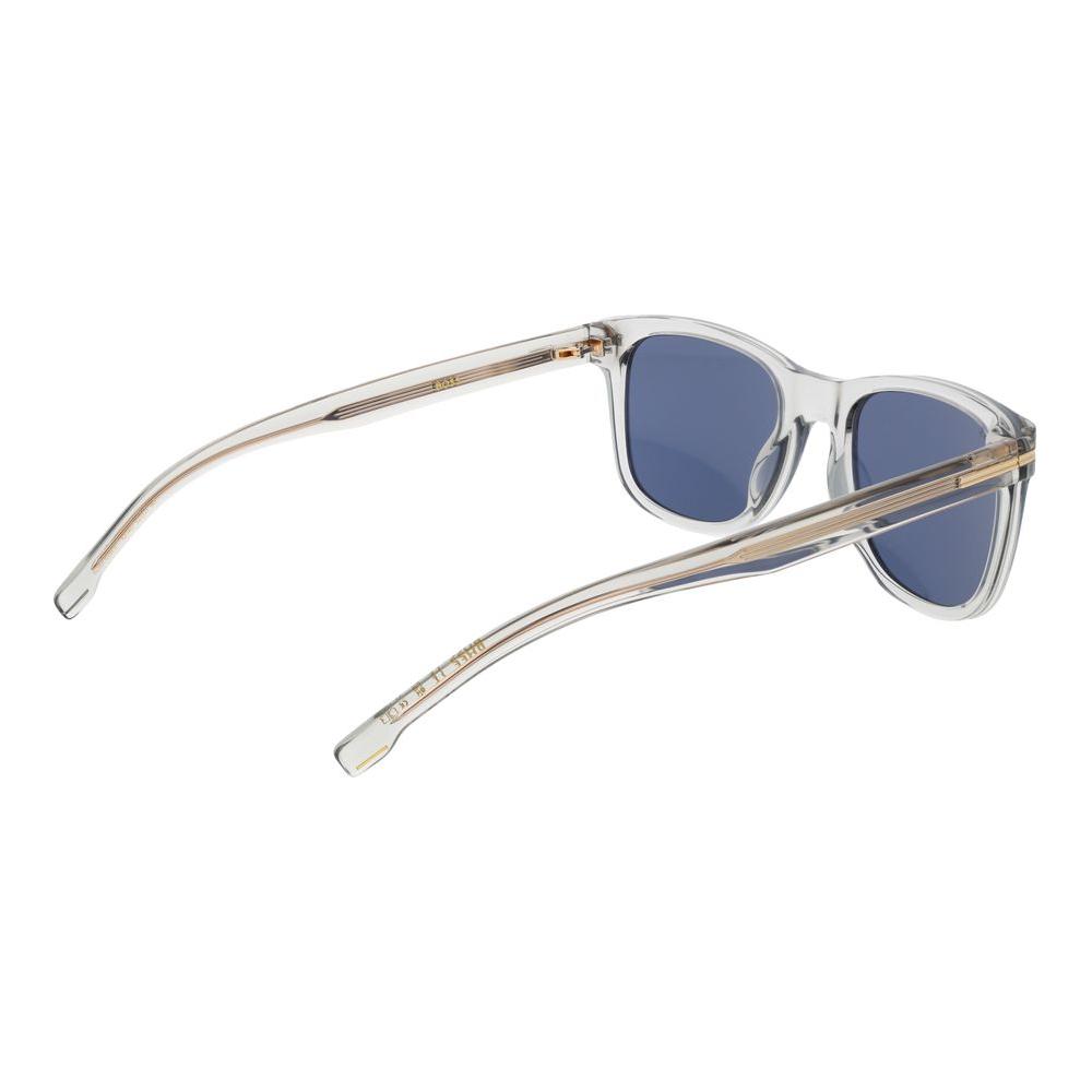 Hugo Boss gray men's sunglasses with full-rim eco acetate frame, blue lenses, square style, 100% UVA & UVB protection. Includes branded case.