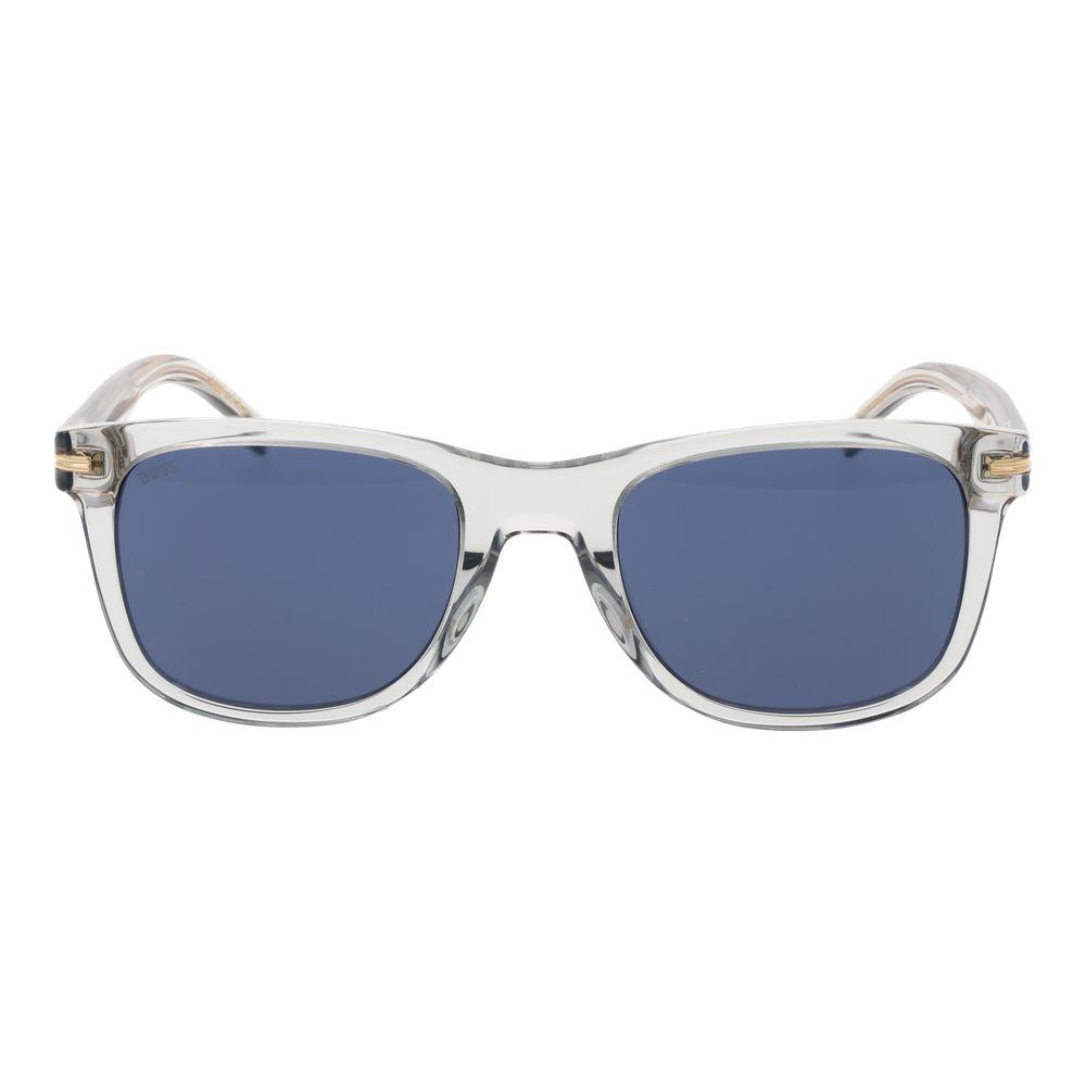 Hugo Boss gray men's sunglasses with eco acetate full-rim frame, blue plastic lenses, square style, 100% UVA & UVB protection.