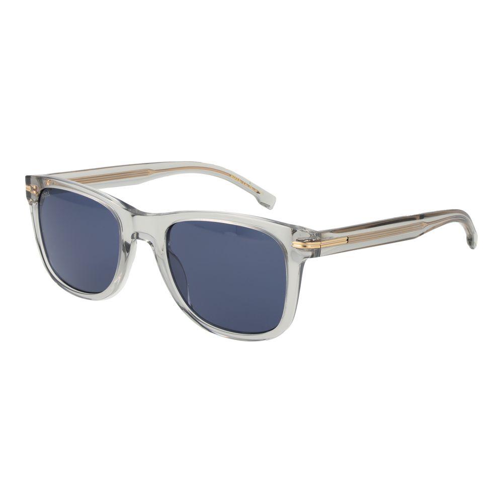 Hugo Boss gray sunglasses for men in eco acetate with full-rim square frame, blue lenses, 100% UVA & UVB protection included.