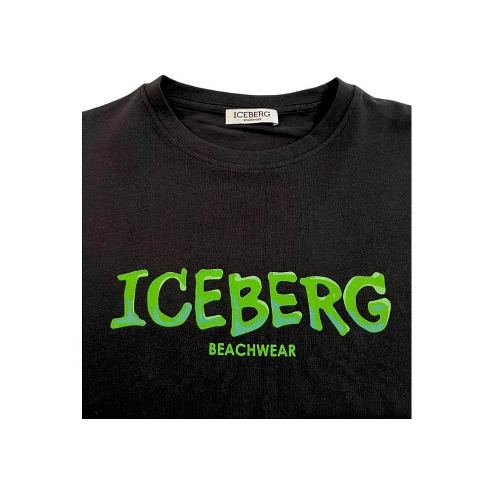Iceberg black cotton men's T-shirt with green logo on chest, stylish and sophisticated design for fashion enthusiasts.