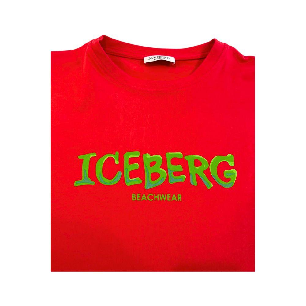 Red Iceberg cotton men's T-shirt with bold green logo on chest, combining style and flexibility for casual or fashion-forward wear.