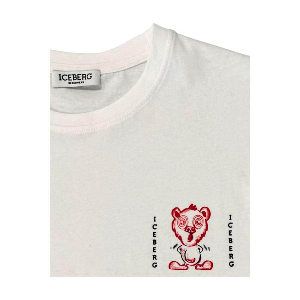White Iceberg cotton men's T-shirt featuring a red panda graphic and logo on chest, perfect for a stylish and comfortable ensemble.