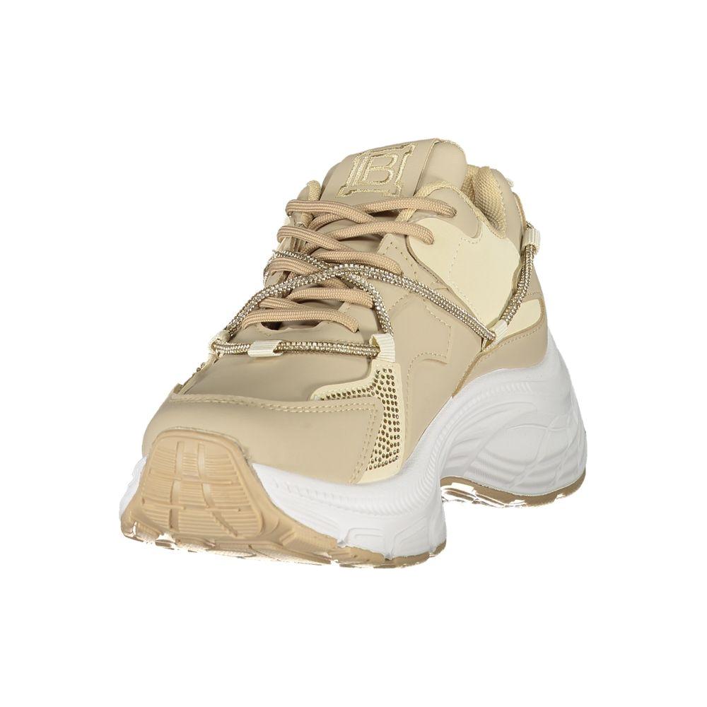 Laura Biagiotti beige women's sneaker with nubuck texture, rhinestones, and embroidery, featuring a 5 cm platform for added comfort.