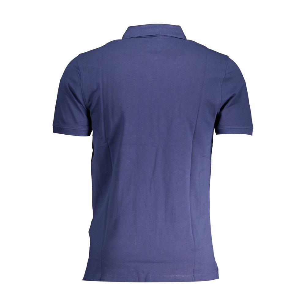 Back view of a Levi's blue cotton men's polo shirt showcasing slim short sleeves and a classic collar design.