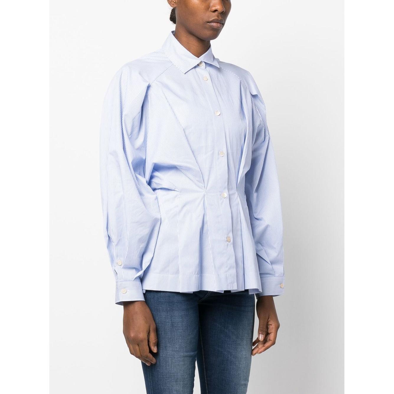 Pastel blue gathered-waist cotton shirt by Palmer Harding with classic collar and pleat detailing.