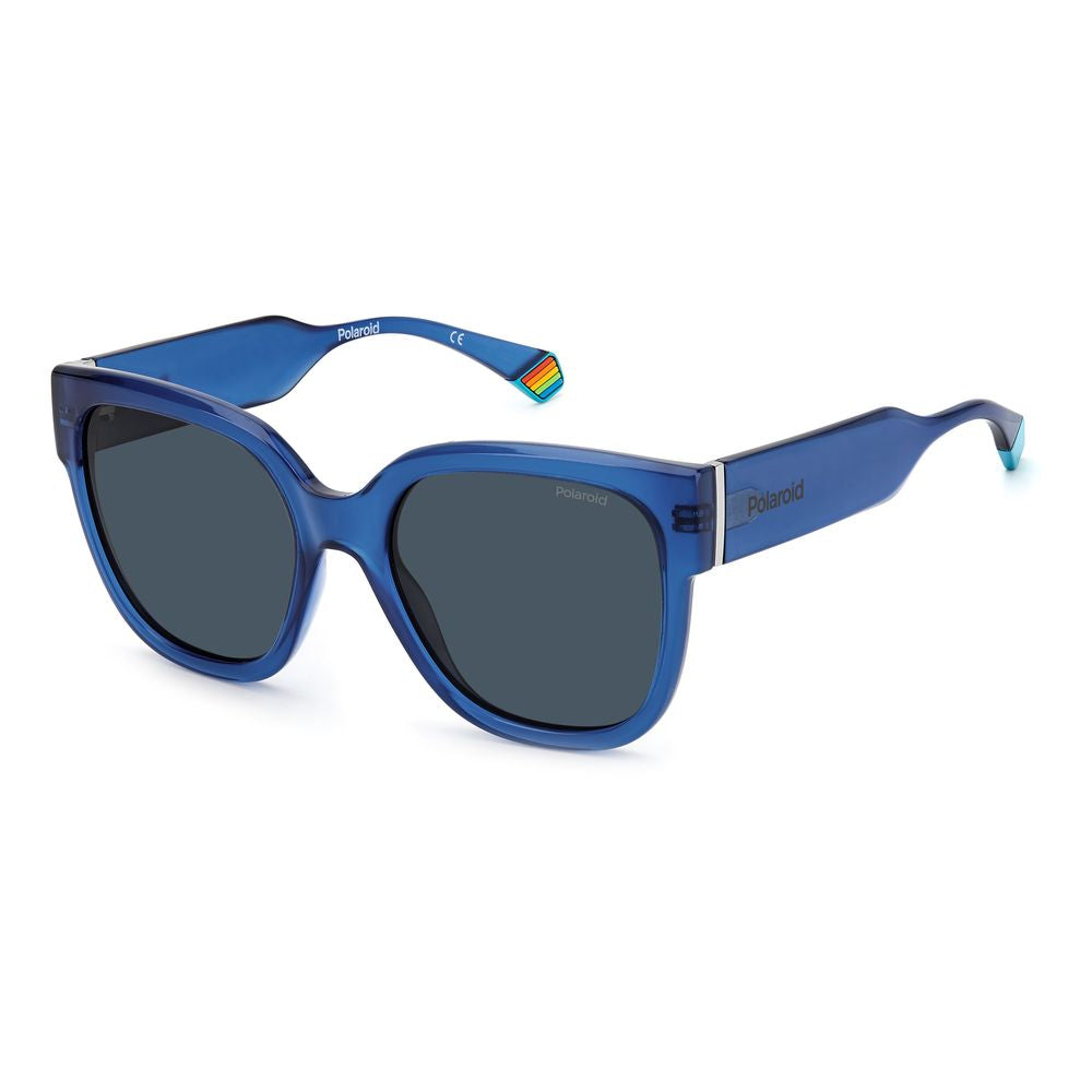 Polaroid blue plastic women's sunglasses with square frame and rainbow accent.