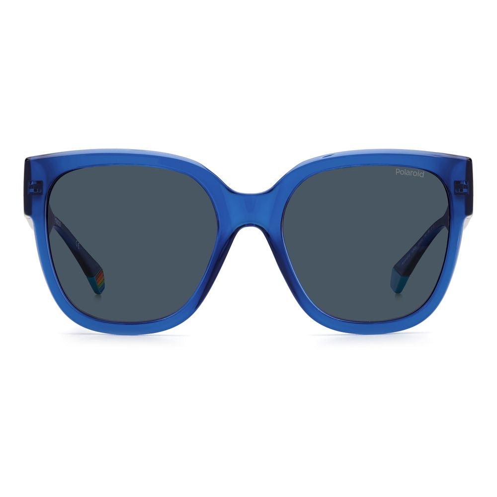 Polaroid blue plastic women's sunglasses with large square lenses and rainbow accent on temples, model PLD6167SPJPC3.