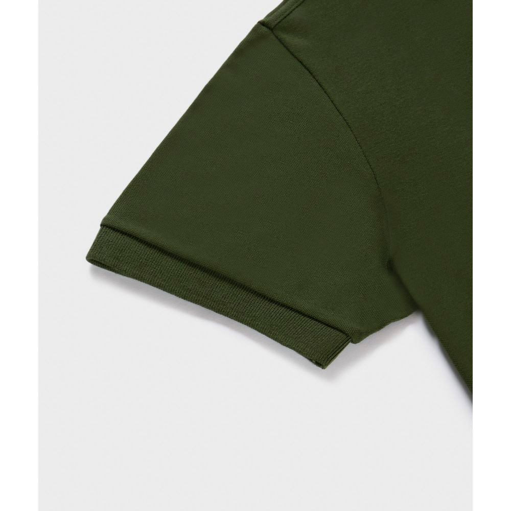 Close-up of a green cotton polo shirt sleeve with elastic cuff by Refrigiwear. Solid color with pique texture.