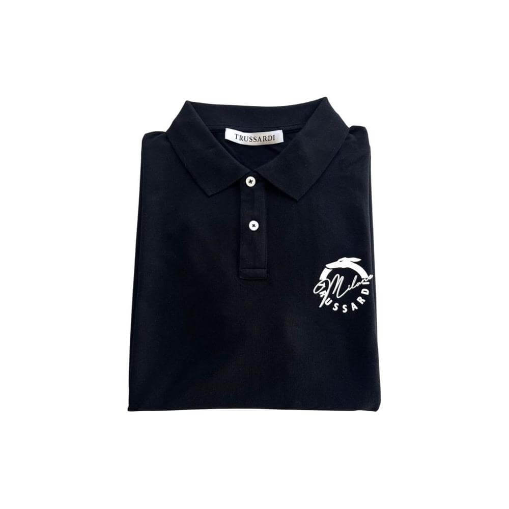 Trussardi Beachwear black cotton men's polo shirt with logo on chest, folded neatly showcasing casual luxury and quality craftsmanship.