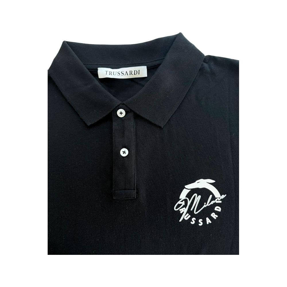 Trussardi Beachwear black cotton men's polo shirt with logo on chest, short sleeve, casual luxury fashion.