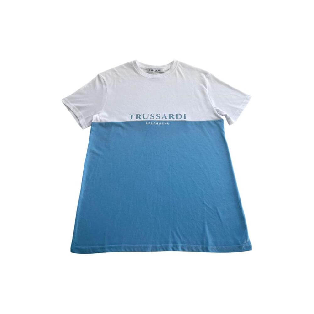 Trussardi Beachwear light blue two-tone cotton T-shirt with logo print, crew neck, and short sleeves for men.