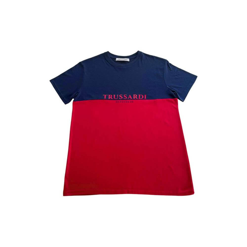 Trussardi Beachwear red cotton men's T-shirt with bold chest logo, crafted in Bangladesh, offering stylish and sophisticated design.