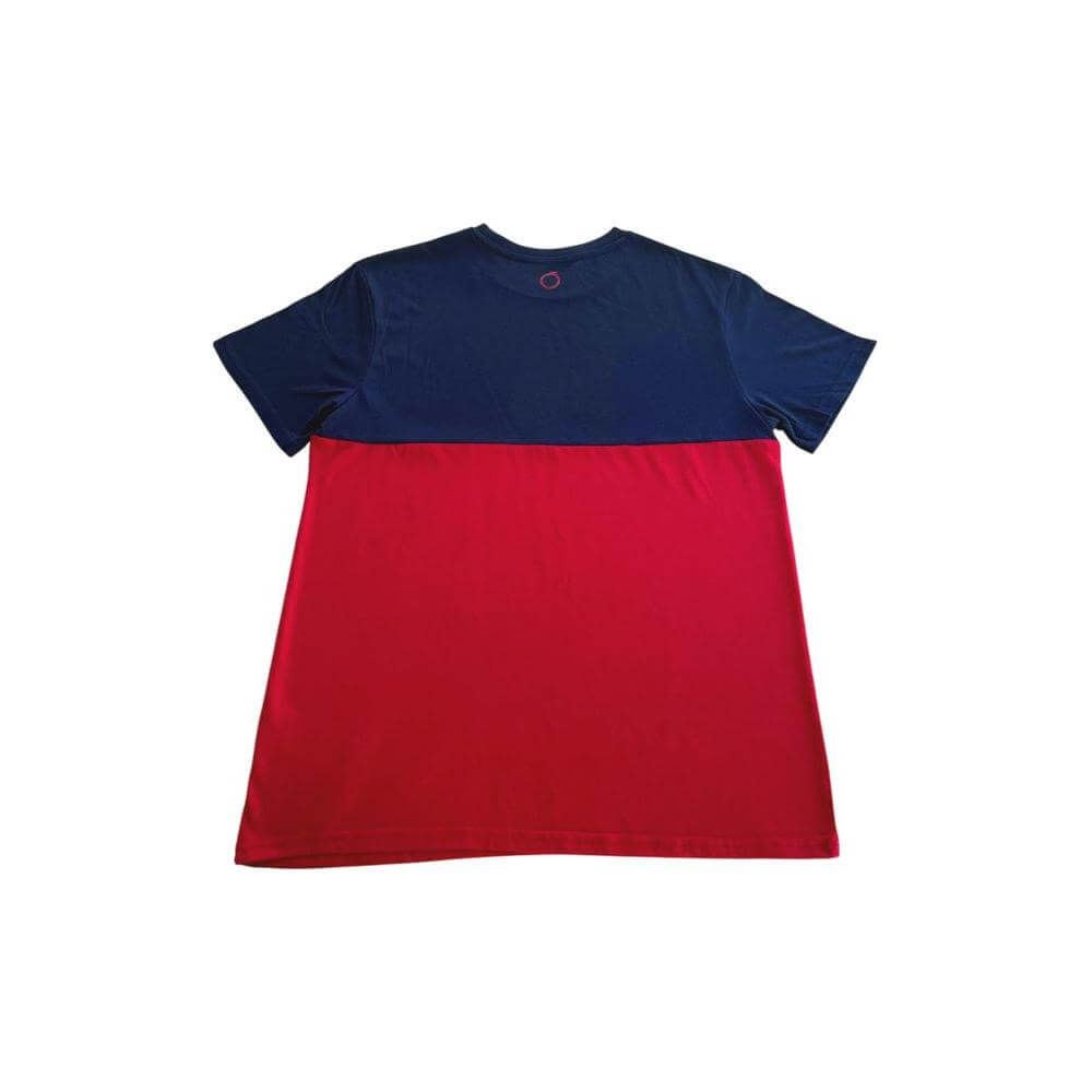 Trussardi Beachwear red and navy two-tone men's T-shirt, featuring a bold design for the fashion-forward individual.