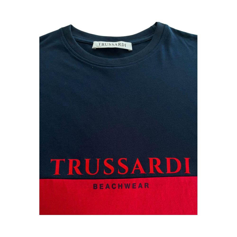 Trussardi Beachwear red cotton men's T-shirt with bold logo and two-tone design, perfect for a casual and stylish look.