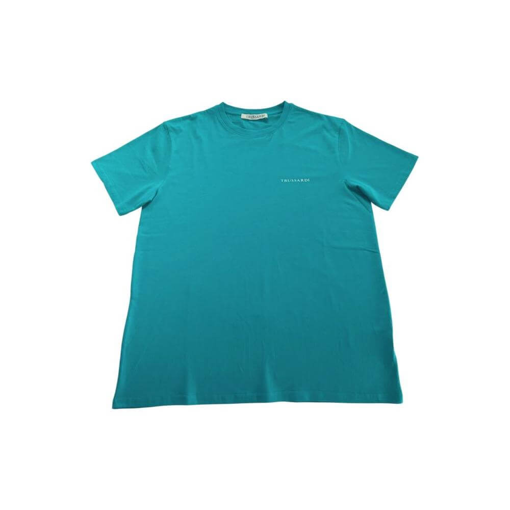 Trussardi Beachwear light blue men's T-shirt featuring the iconic logo on chest, crafted from cotton for chic and effortless style.