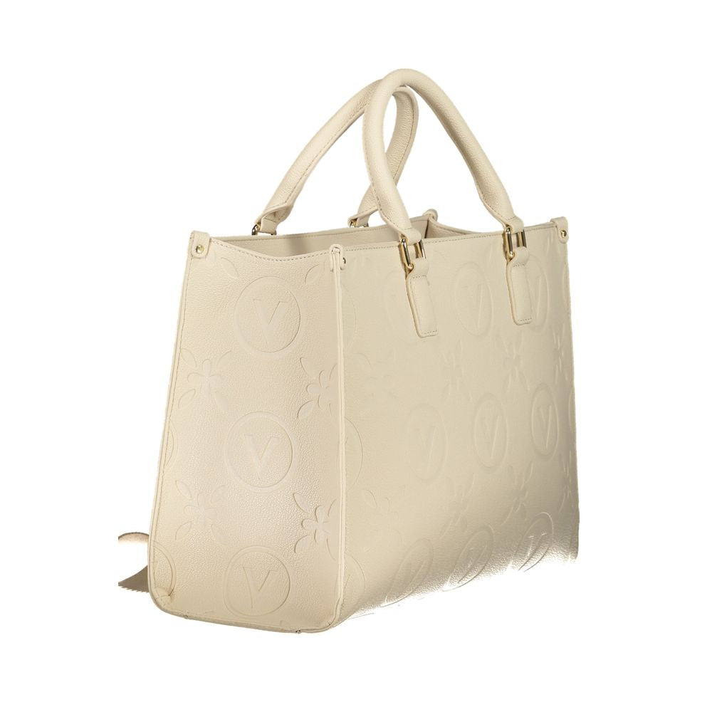 Valentino Bags beige polyethylene handbag with handles, adjustable straps, and embossed logo design.