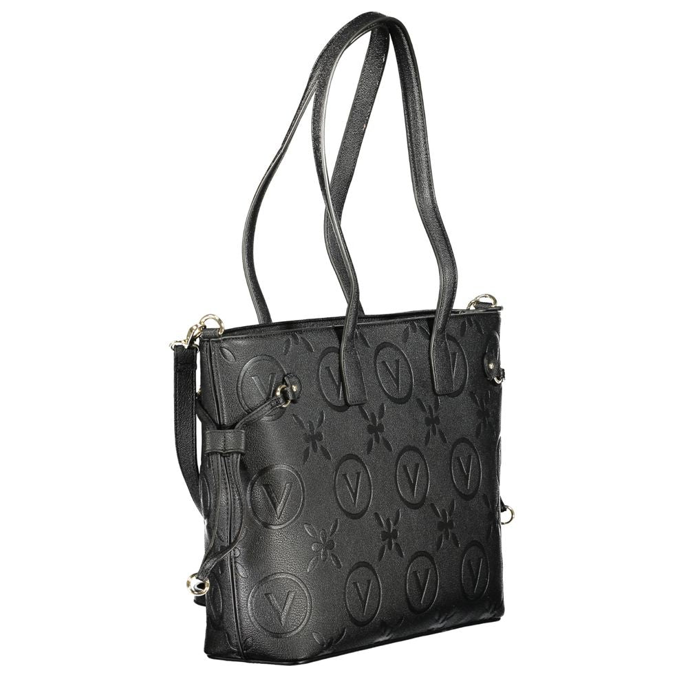 Valentino black polyethylene handbag with logo, dual shoulder handles, adjustable straps, zip closure, and internal pockets.