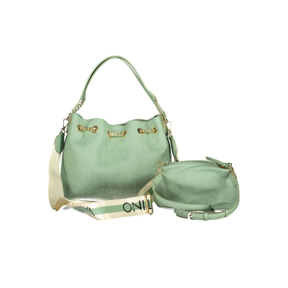 Valentino green polyethylene handbag with dual shoulder handles, removable straps, contrasting details, and snap closure.