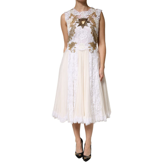 Dolce & Gabbana Ivory Lace Silk Embellished Sleeveless  Dress