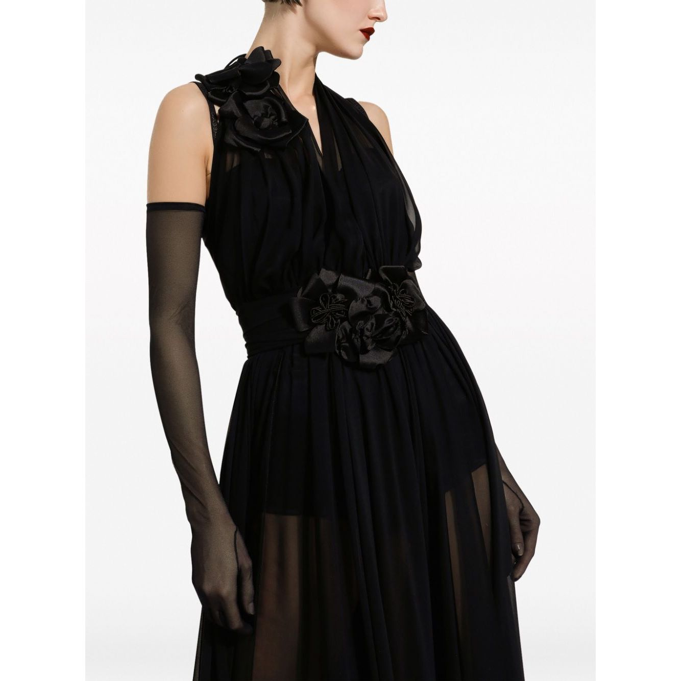 Dolce & Gabbana Long silk chiffon dress with floral appliqué