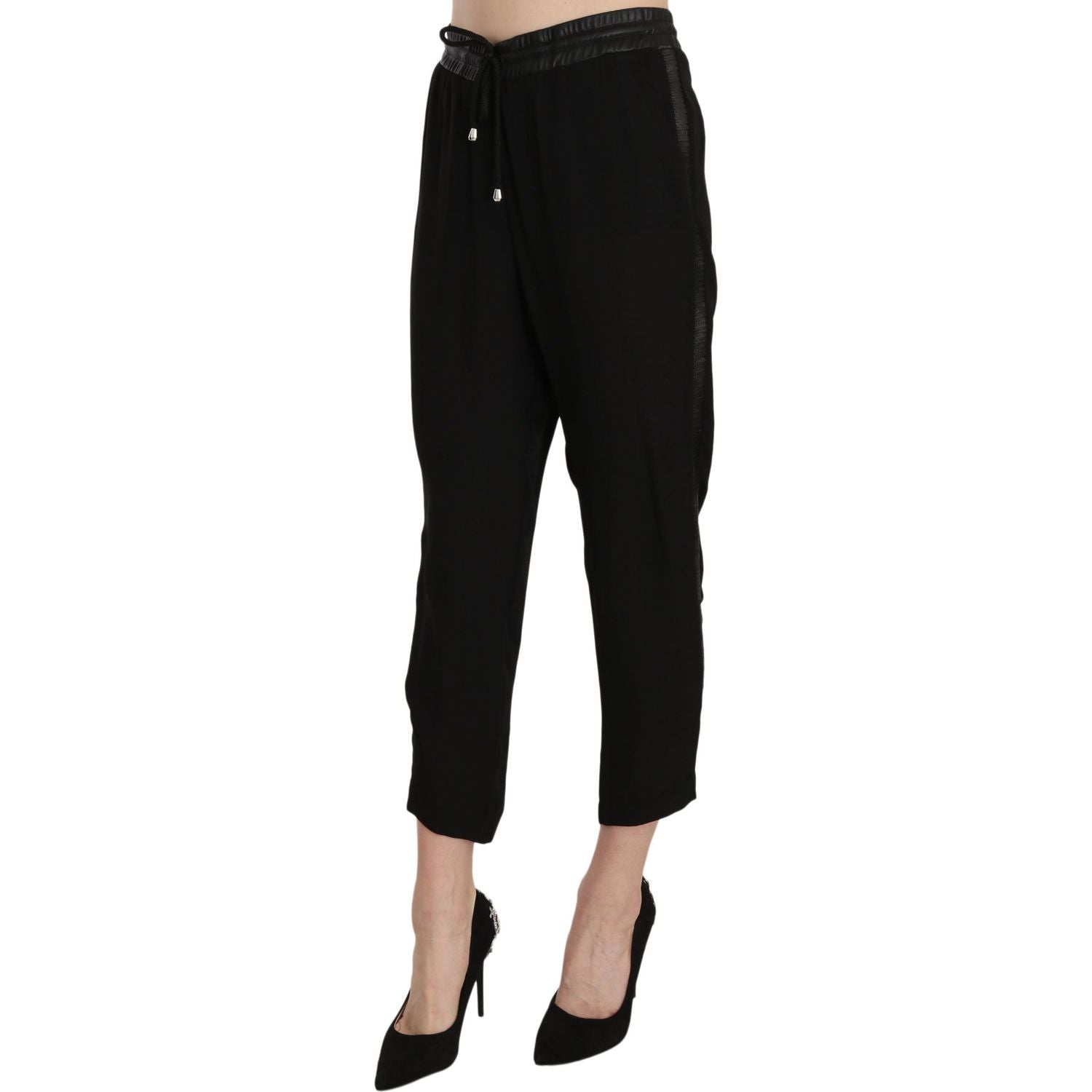 Guess Black Polyester High Waist Cropped Trousers Pants