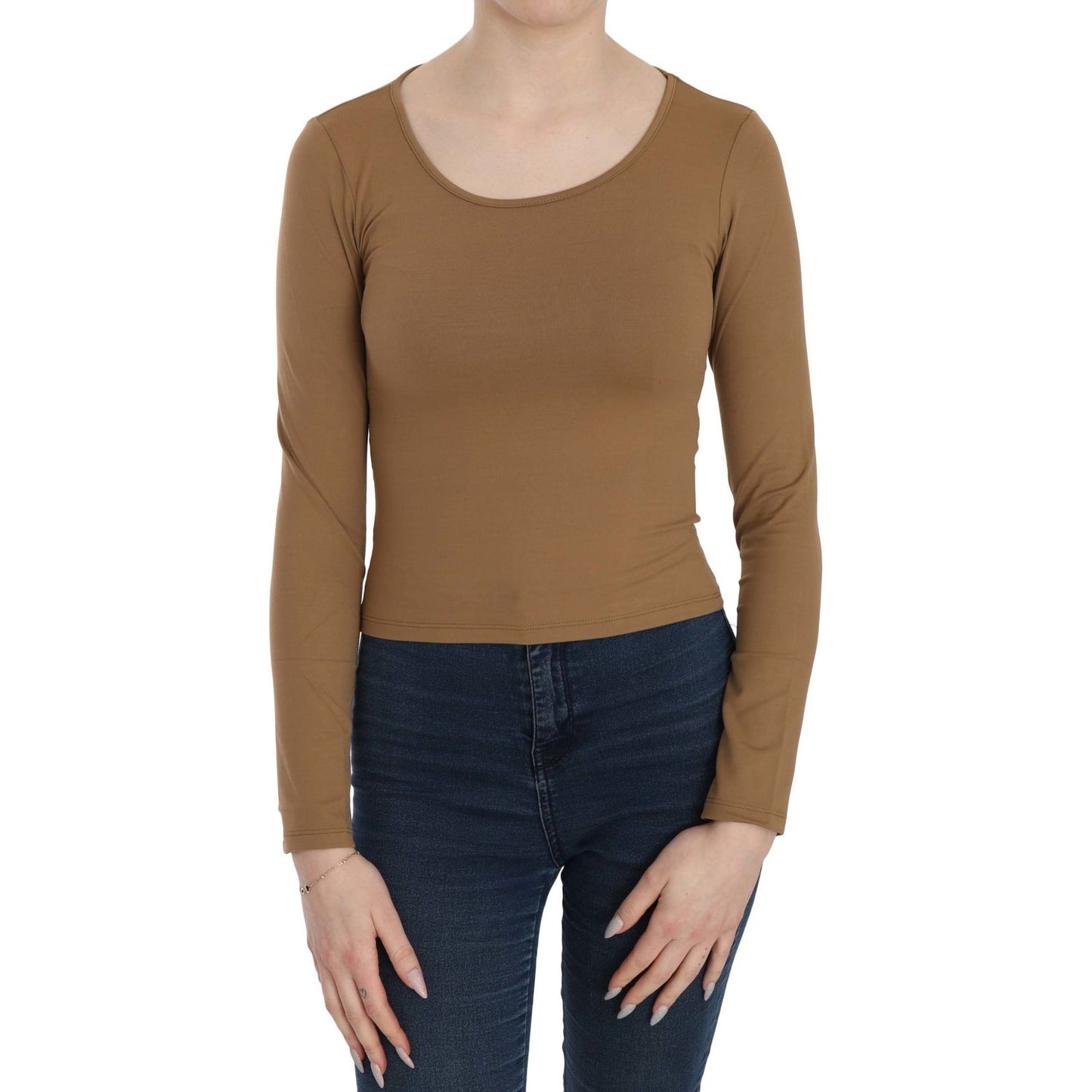 GF Ferre Brown Long Round Neck Sleeve Fitted Shirt Tops Blouse