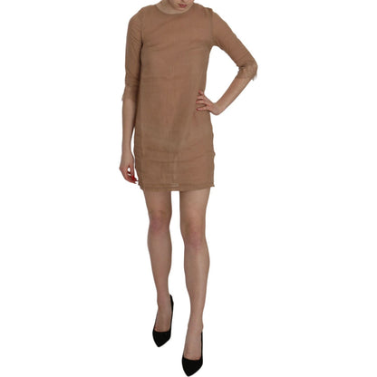 PINK MEMORIES Brown 3/4 Sleeve Crewneck Shift Mini Dress
