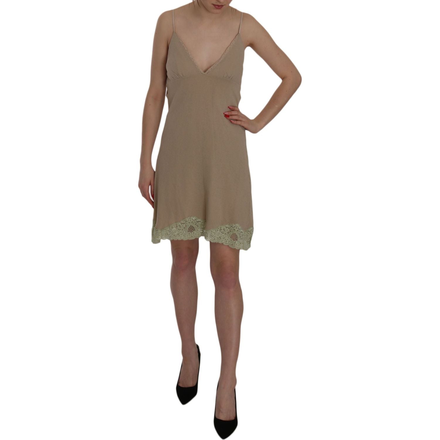 PINK MEMORIES Beige Lace Spaghetti Strap Mini Cotton Dress