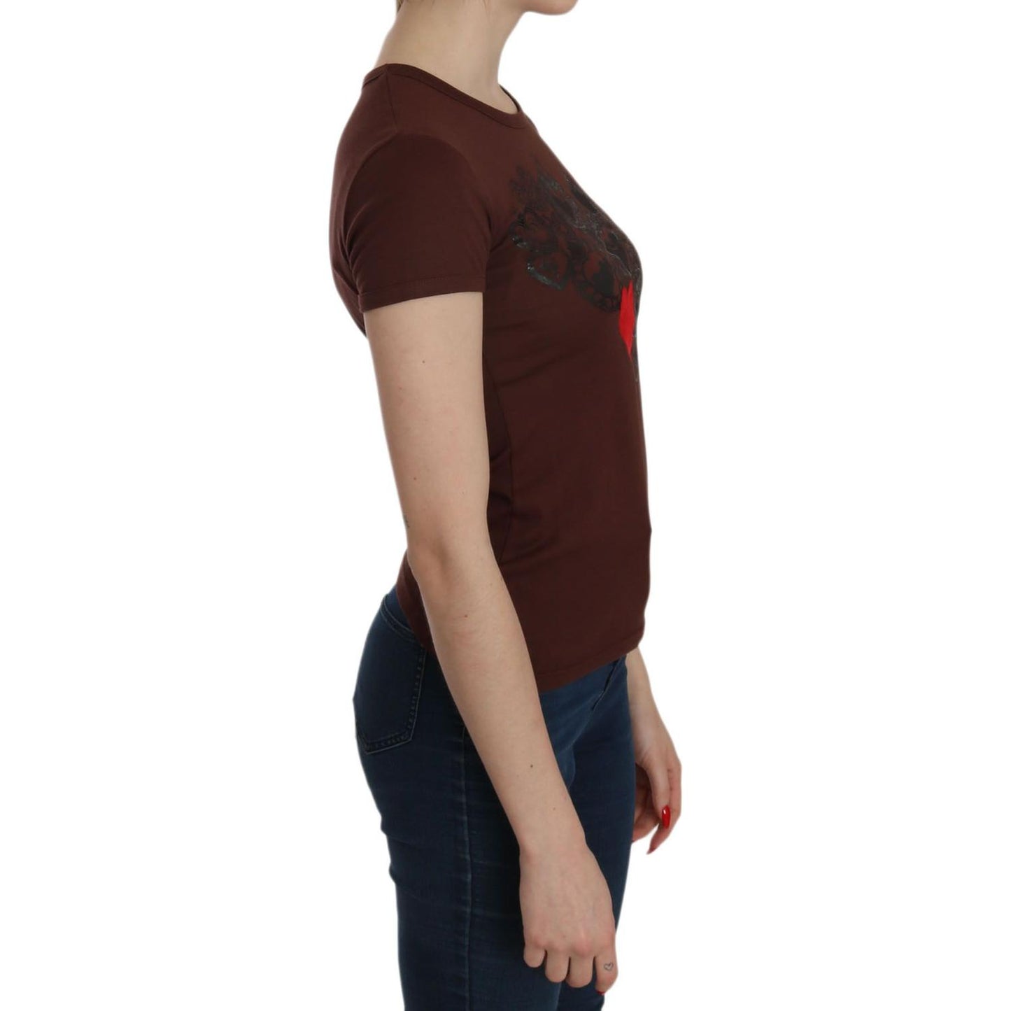 Exte Brown Heart Print Crew Neck T-shirt Short Sleeve Blouse