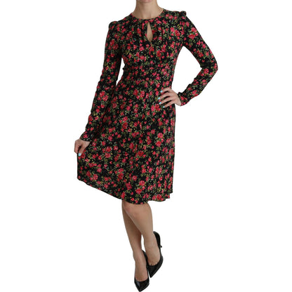 Dolce & Gabbana Black Floral Longsleeve Knee Length Dress