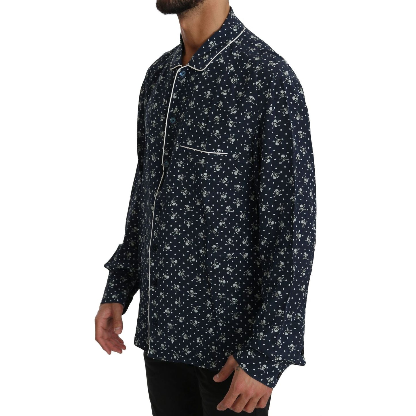 Dolce & Gabbana Blue Skull Print Silk Top Sleepwear Shirt