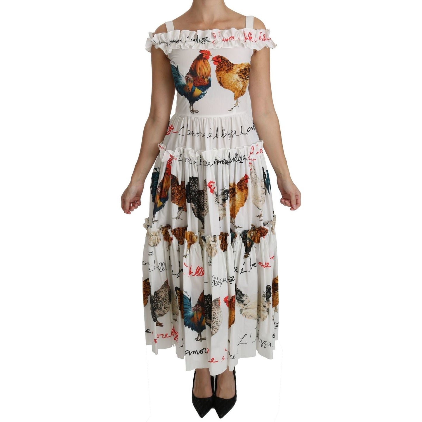 Dolce & Gabbana White Rooster Sheath Midi Cotton Dress
