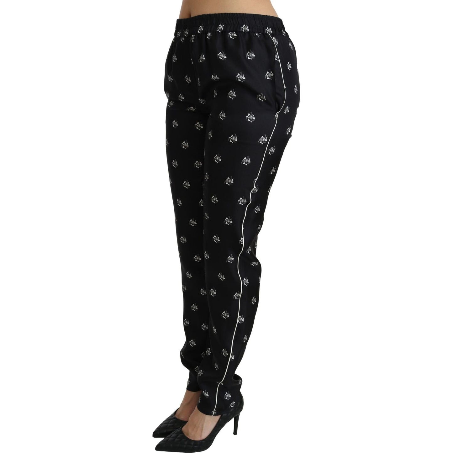Dolce & Gabbana Black Printed Mid Waist Skinny Silk Pants Jeans & Pants